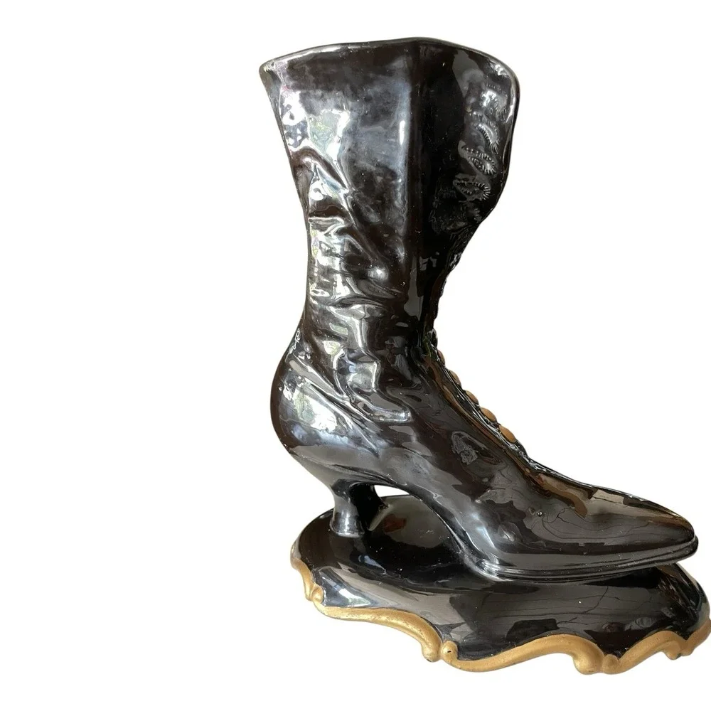 Atlantic Mold Victorian Black And Gold High Top Button Boot Vase Planter